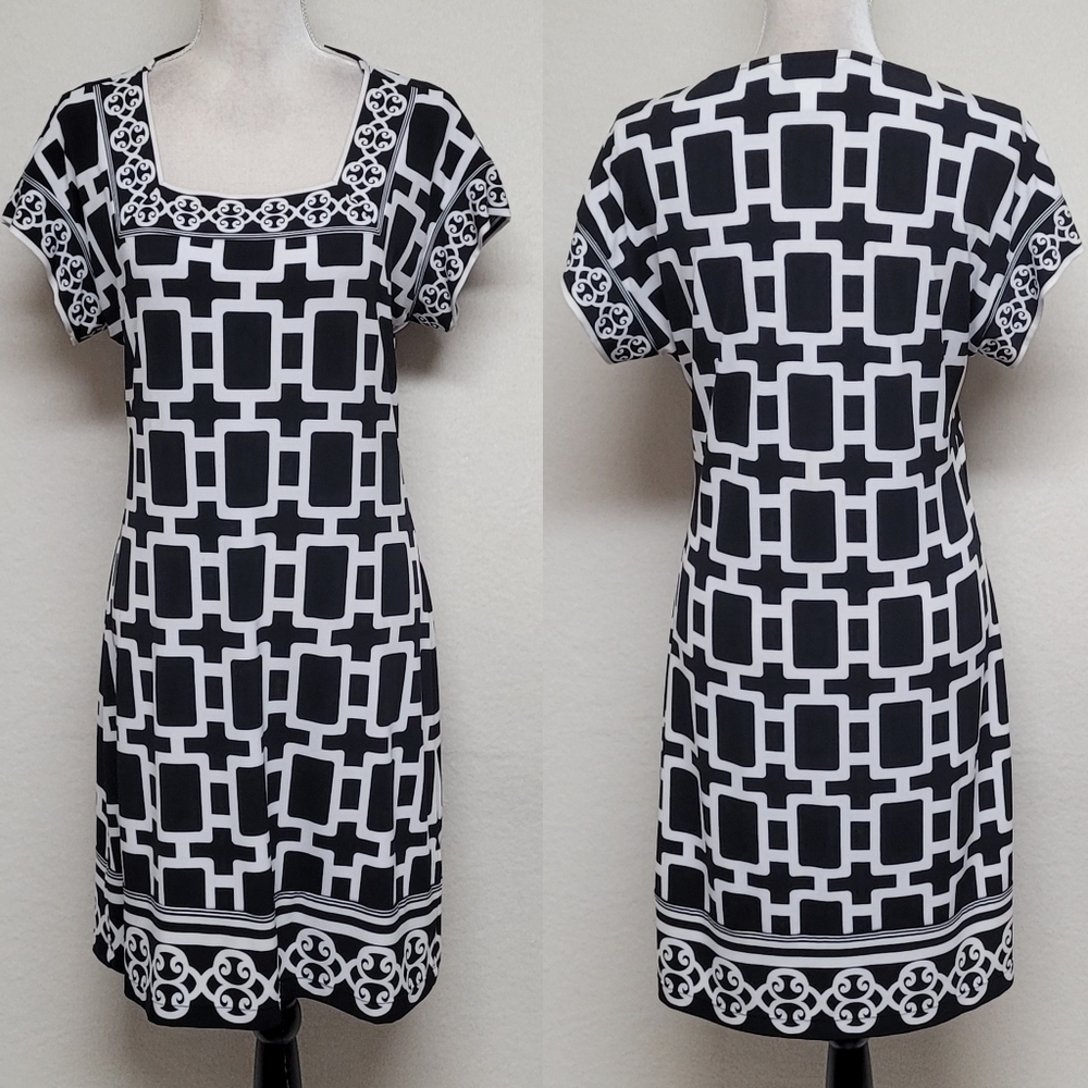 Vintage White House Black Market Black White Geometric Print Mini Sheath Dress M